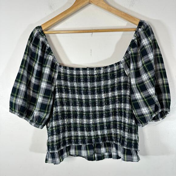 AMERICAN EAGLE Smocked Puff Sleeve Cropped Plaid‎ Top Womans XL - Picture 6 of 7